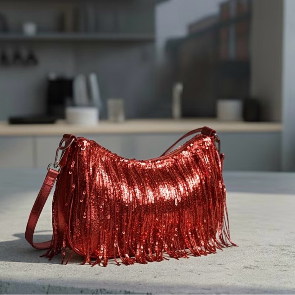 Red Sequin Fringe Shoulder Bag New - Picture 2 of 7